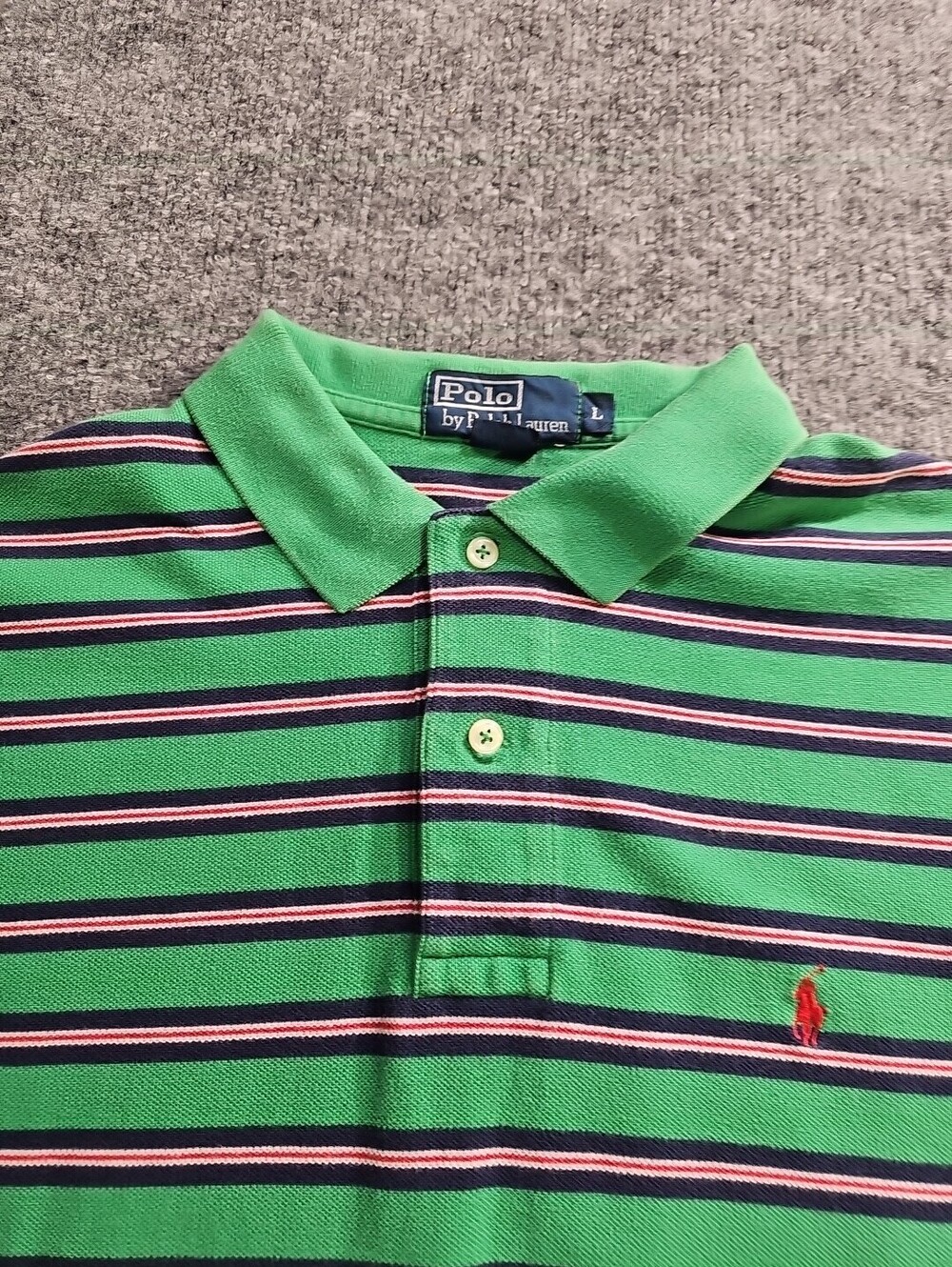 Vintage Polo Ralph Lauren Mens Lg Green w Red Stripes Polo Shirt Great Condition